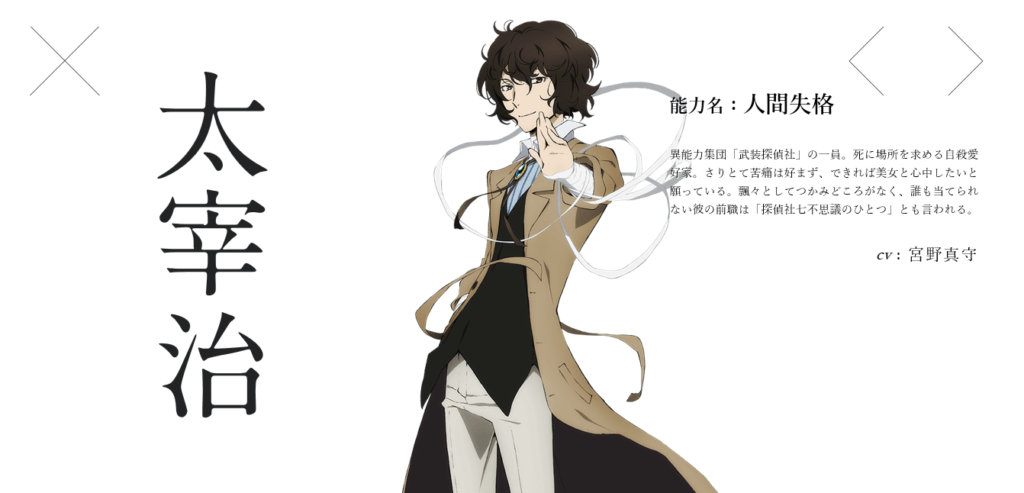 文豪ストレイドッグスのメインキャラクター 太宰治 文豪ストレイドッグス 太宰治